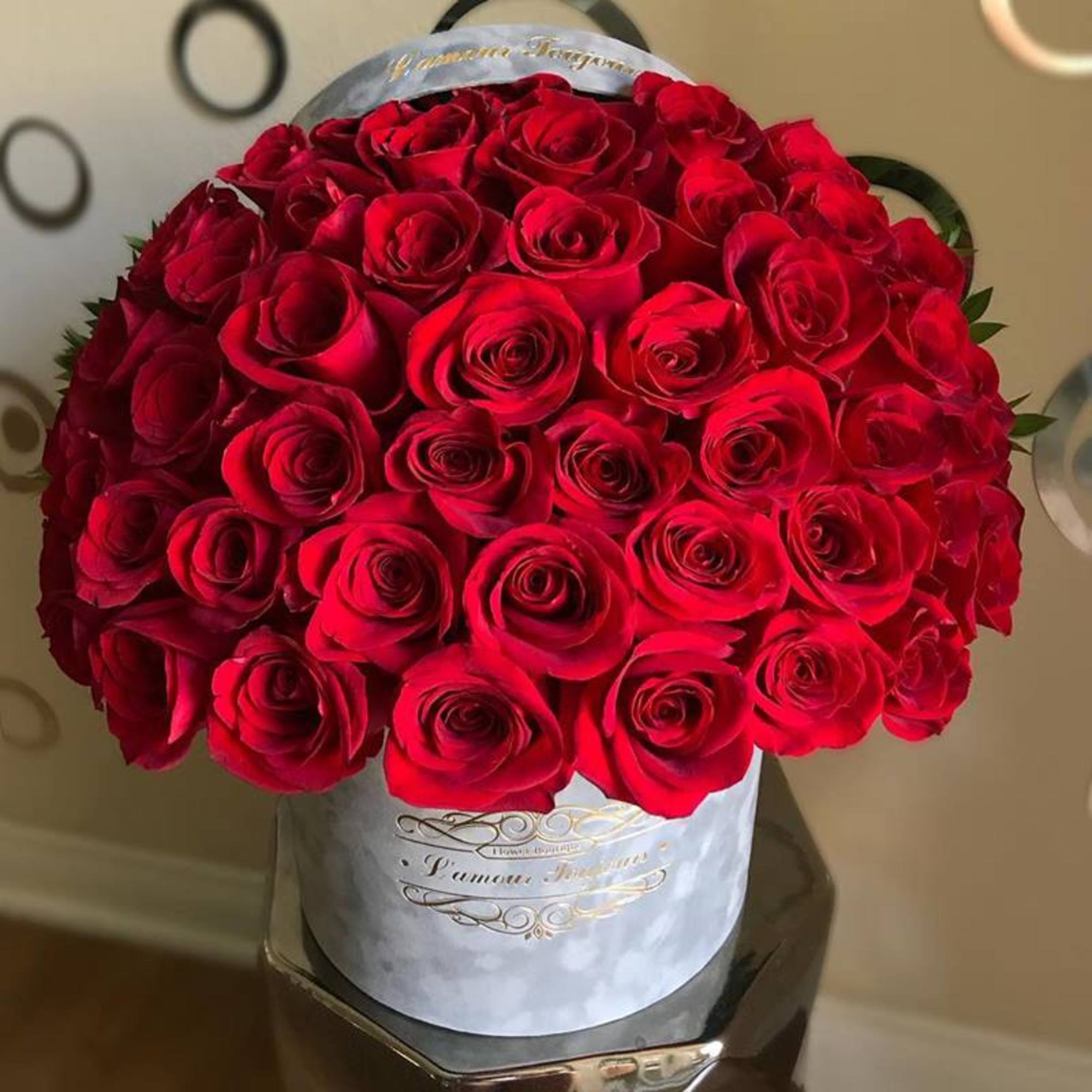 Luxury Gray Velvet Signature Box Red Roses