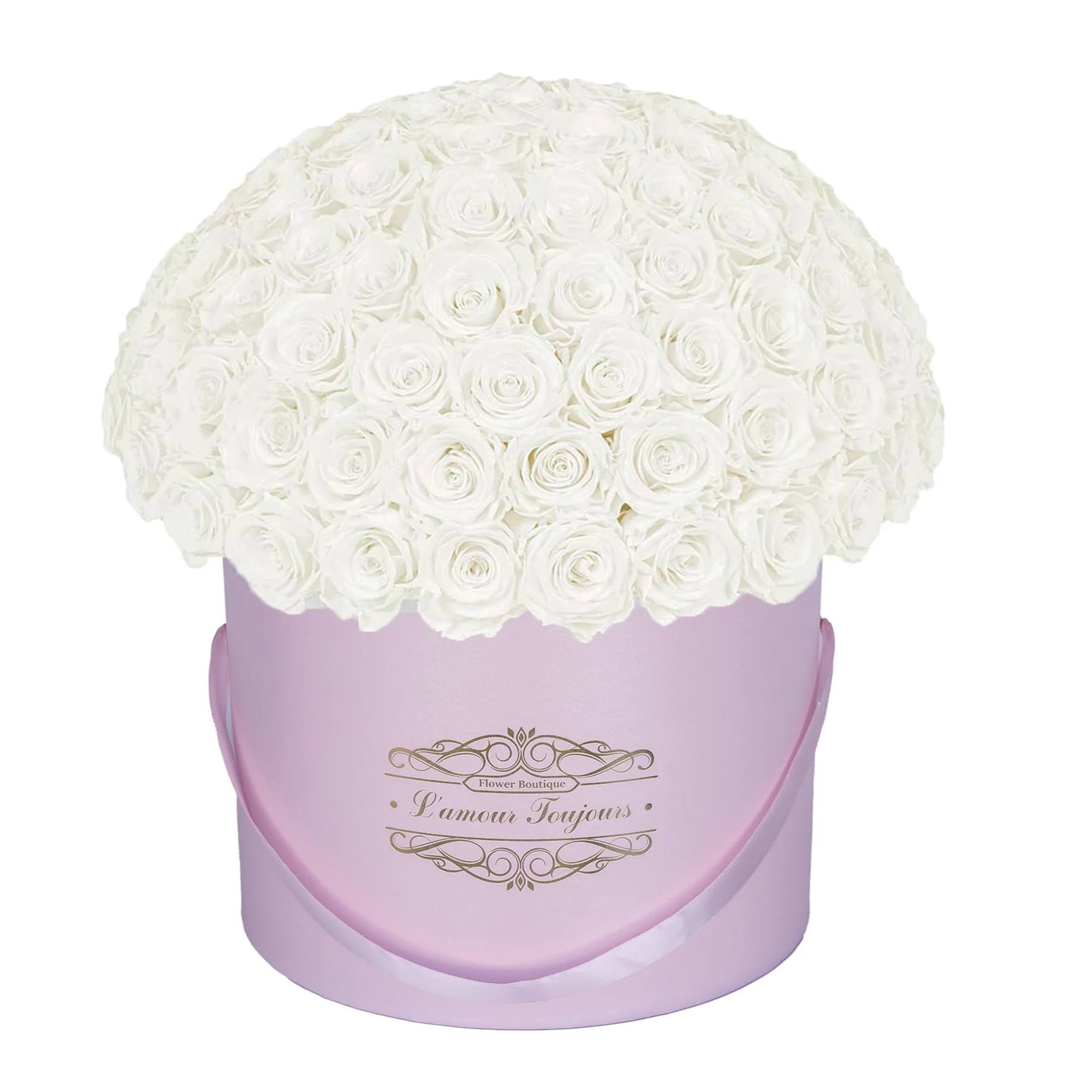 100 White Everlasting Roses - Pink Signature Box