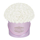 100 White Everlasting Roses - Pink Signature Box