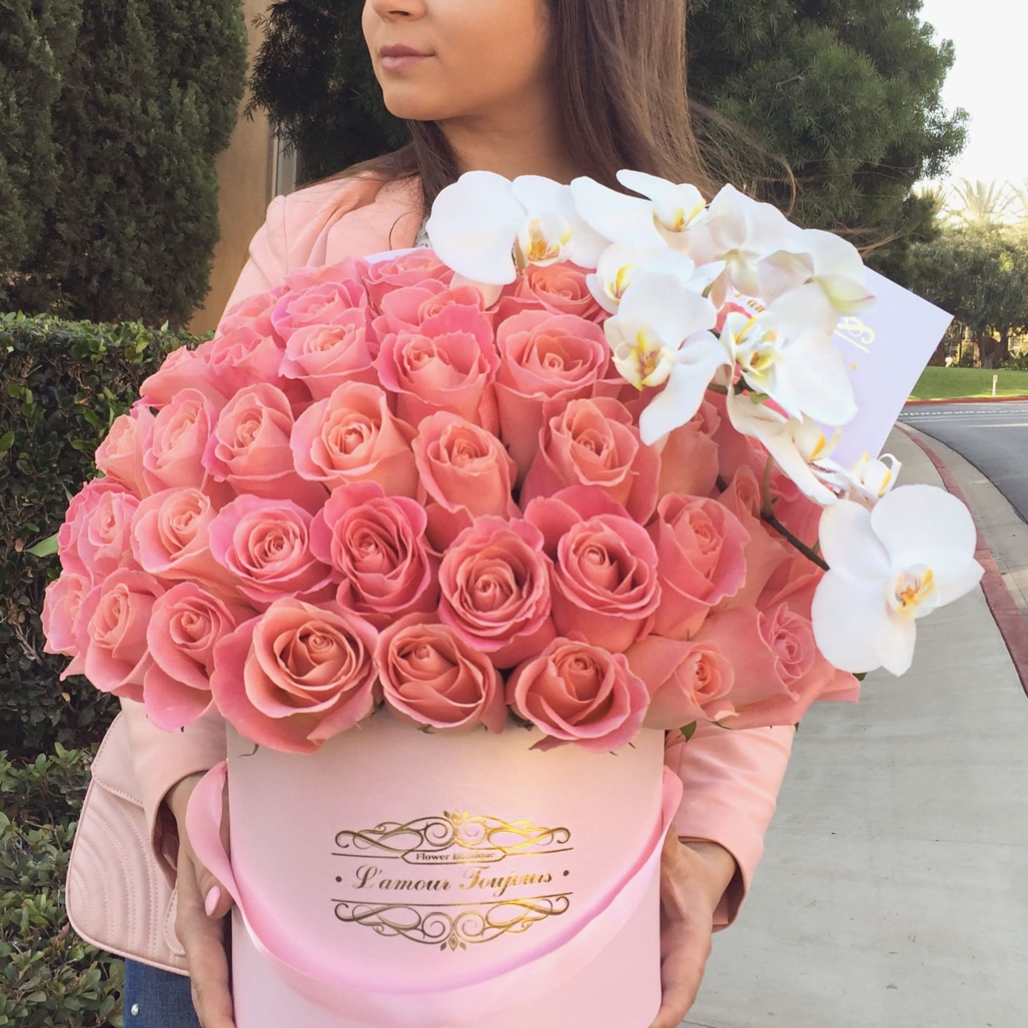 50 Pink Roses + 1 Orchid Signature Box