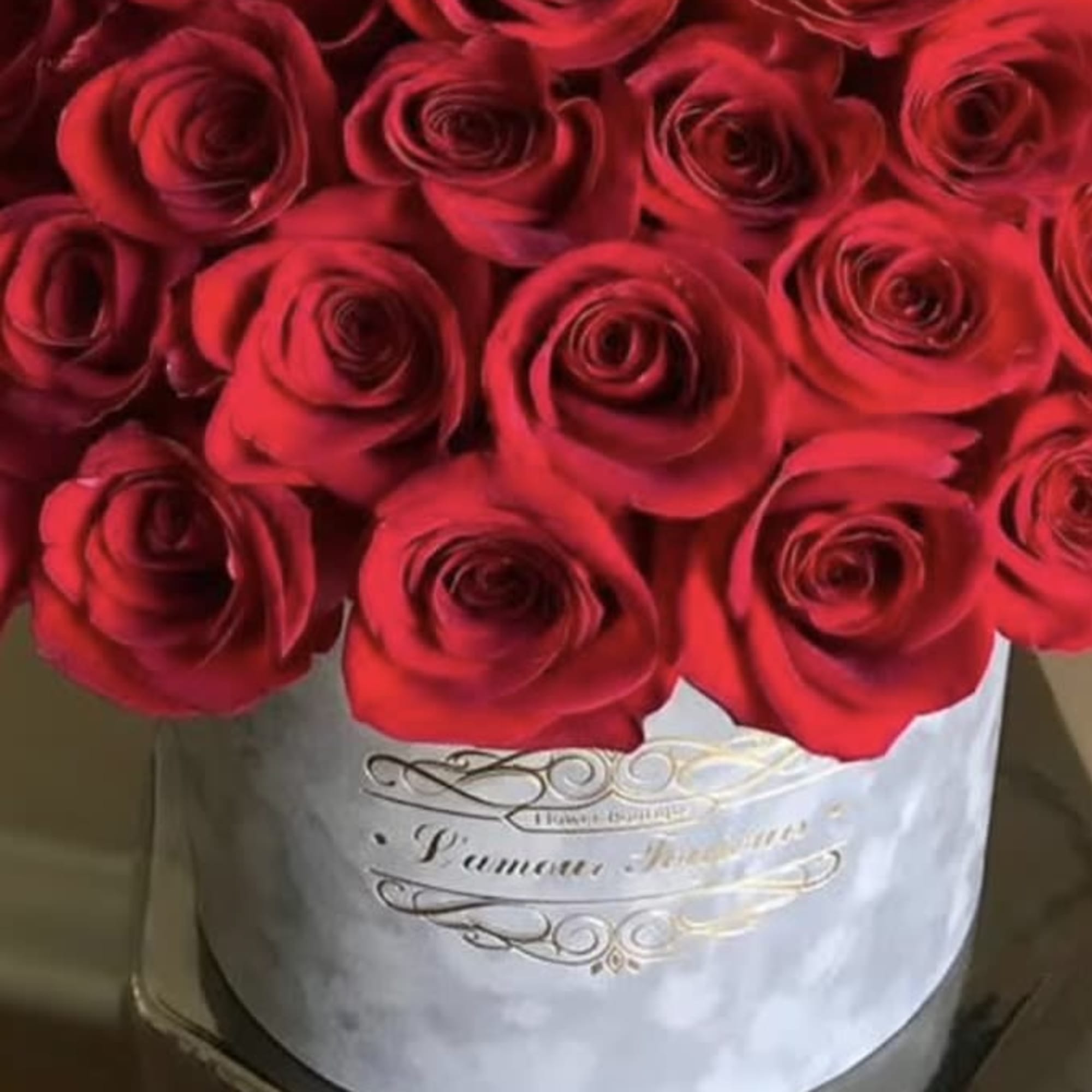Luxury Gray Velvet Signature Box Red Roses